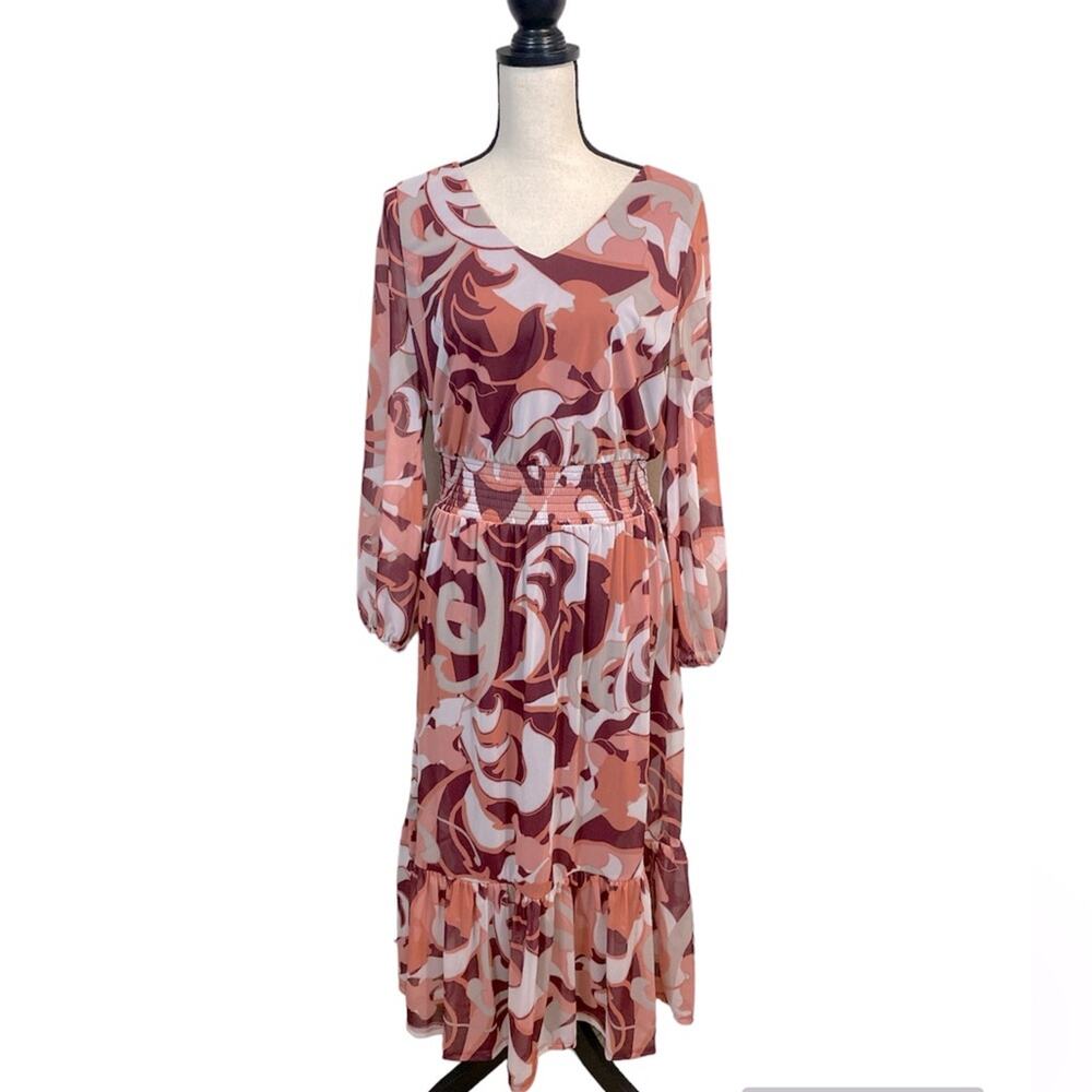 G by Giuliana Mesh Tiered Boho Peasant Dress Peach Burgundy Size MP